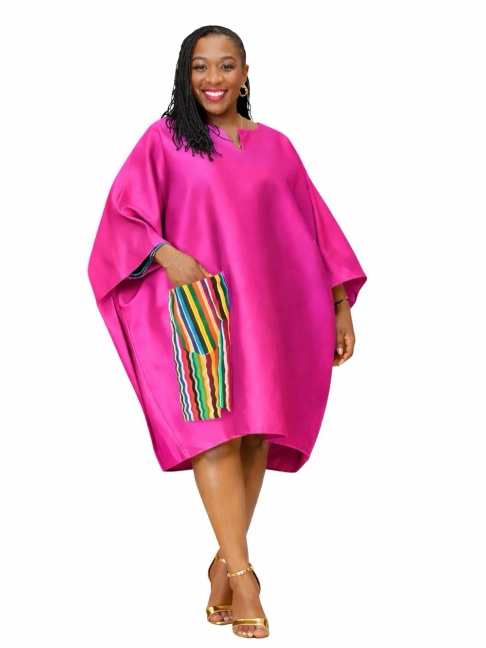 Hot Pink Satin Kaftan Dress with Colorful African print (Aso Oke) Pocket